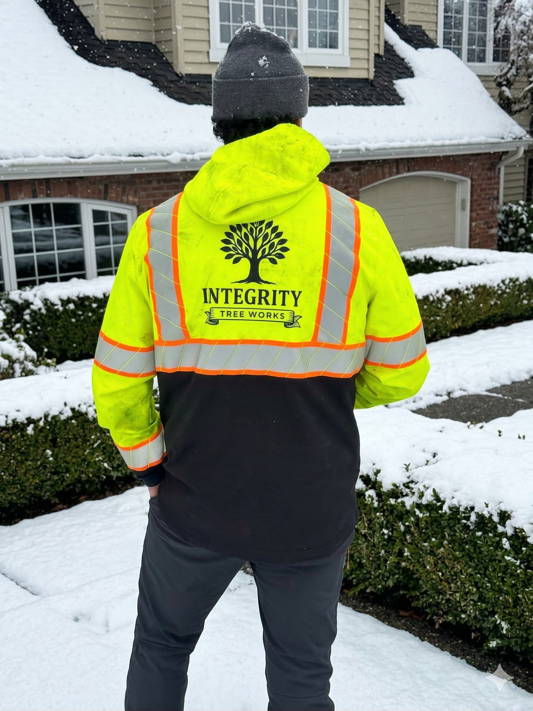 Integrity Tree Works arborist in branded high-visibility gear in the Greater Seattle area