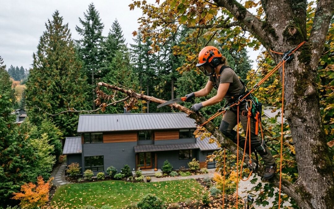 Certified arborist roped into a maple, pruning a dead limb over the roof of an Eastside home